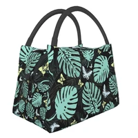 portable handbag tote lunch bag tropical palm leaves with butterfly print thermal insulated lunch bento pouch container food bag