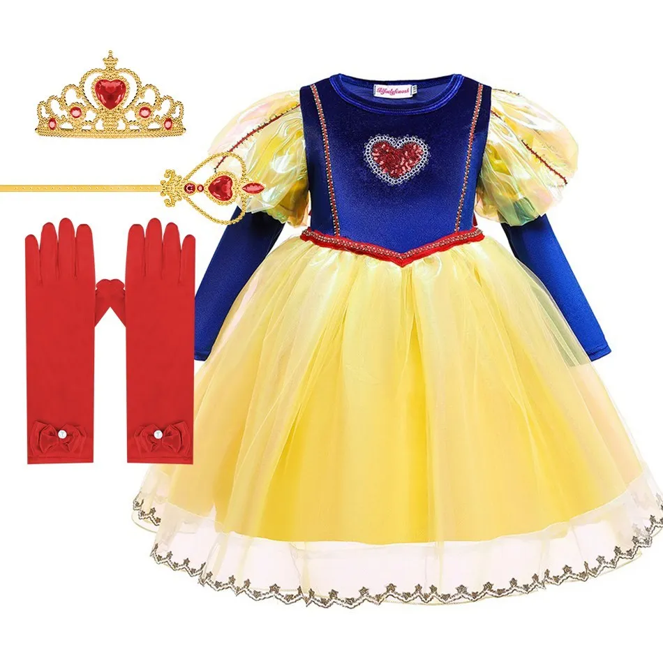 

Little Girls Snow White Dress Up Kids Bubble Long Sleeve Ball Gown Children Princess Costume Sequins Heart Pageant Tutu Dresses