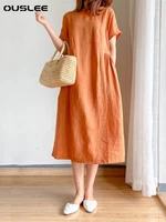 ouslee cotton simple literary fan loose thin cotton linen dress female summer 2022 new mid length casual dress party vestidos