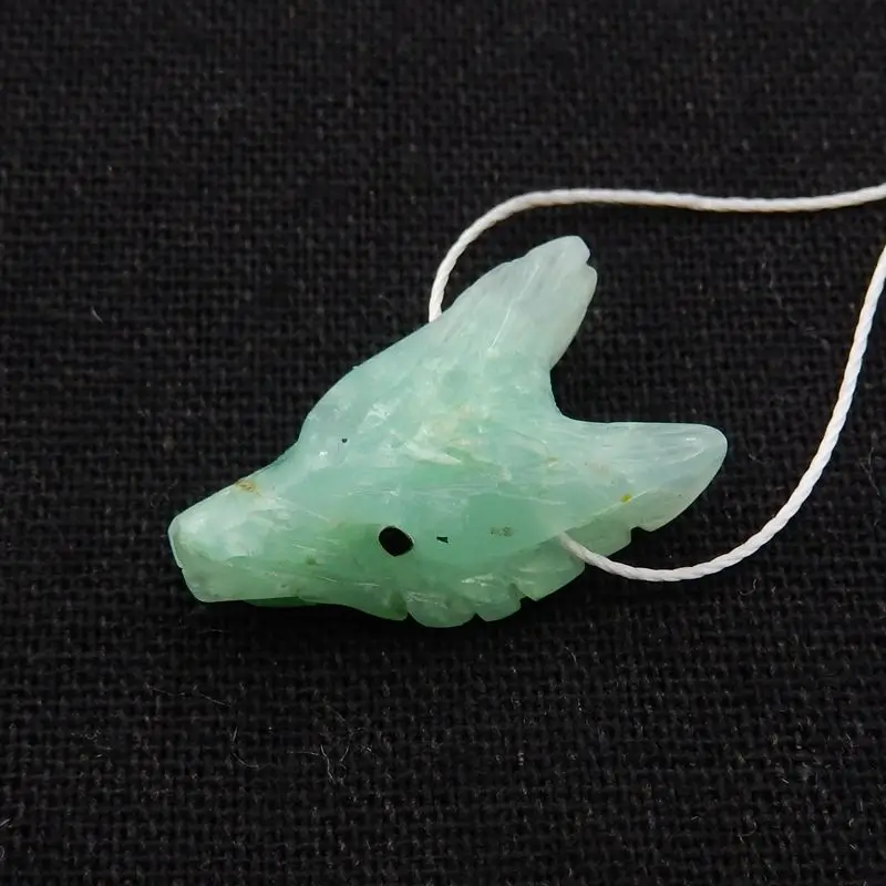 Natural Stone Chrysoprase Handcarved Wolf Head Side Drilled Animal Necklace Pendant Bead 24x14x9mm 3g