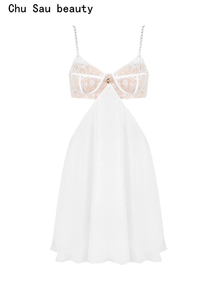 

Chu Sau beauty 2023 Women Fashion Hot Sweet Lace Patchwork Exposed Waist Mini Dress Sexy Slim Backless Chic Straped Dresses