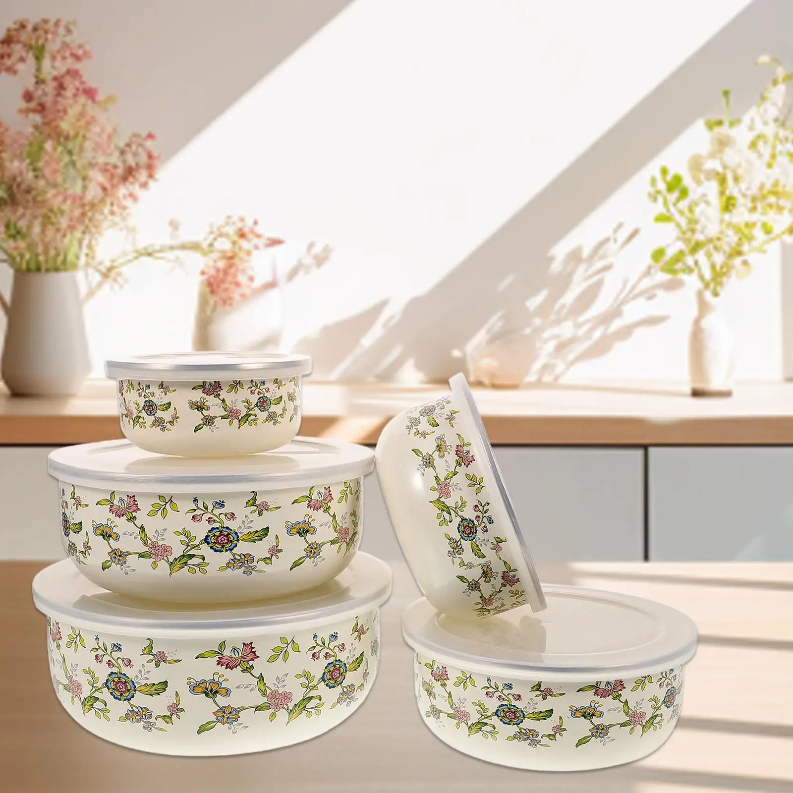 

5 шт./компл., эмалированная миска для смешивания, многофункциональные миски с герметичными крышками, контейнер для хранения продуктов для кухонного холодильника