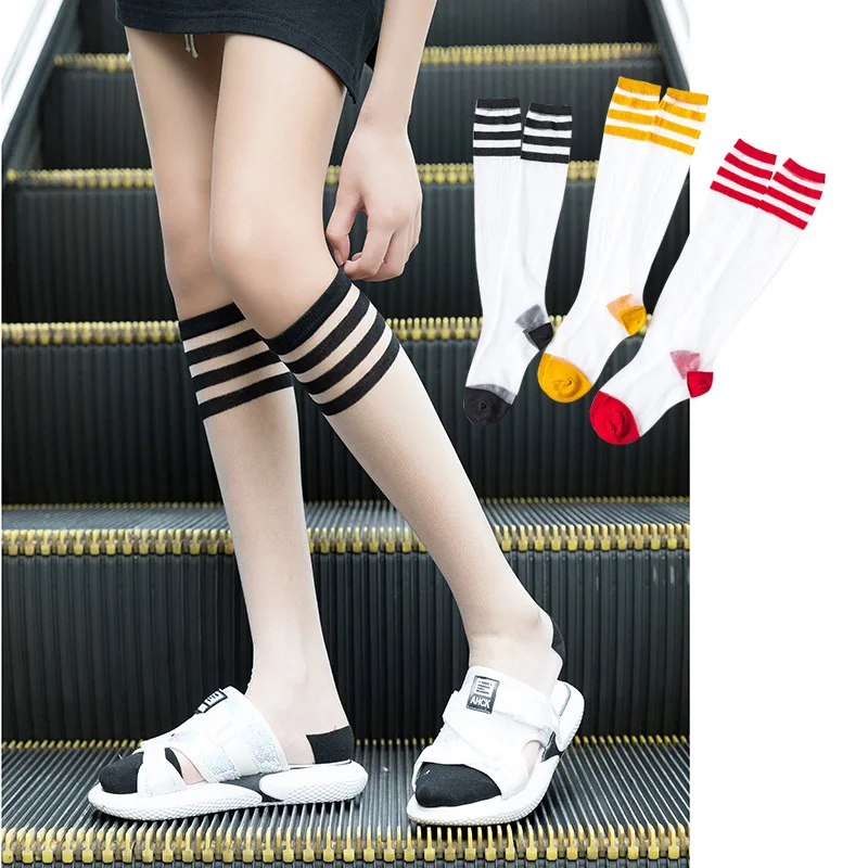 

Новый тренд, летние Лолита JK, женские полосатые гольфы, чулки Harajuku, прозрачные стеклянные Гольфы с кристаллами