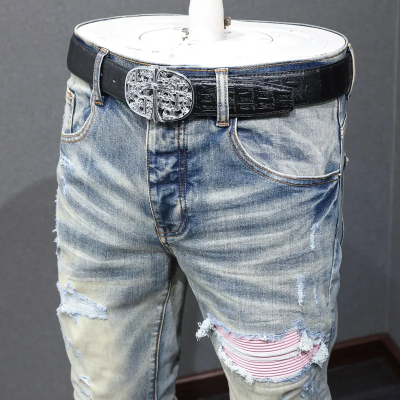 Уличные модные мужские джинсы в стиле ретро потертые синие Стрейчевые рваные