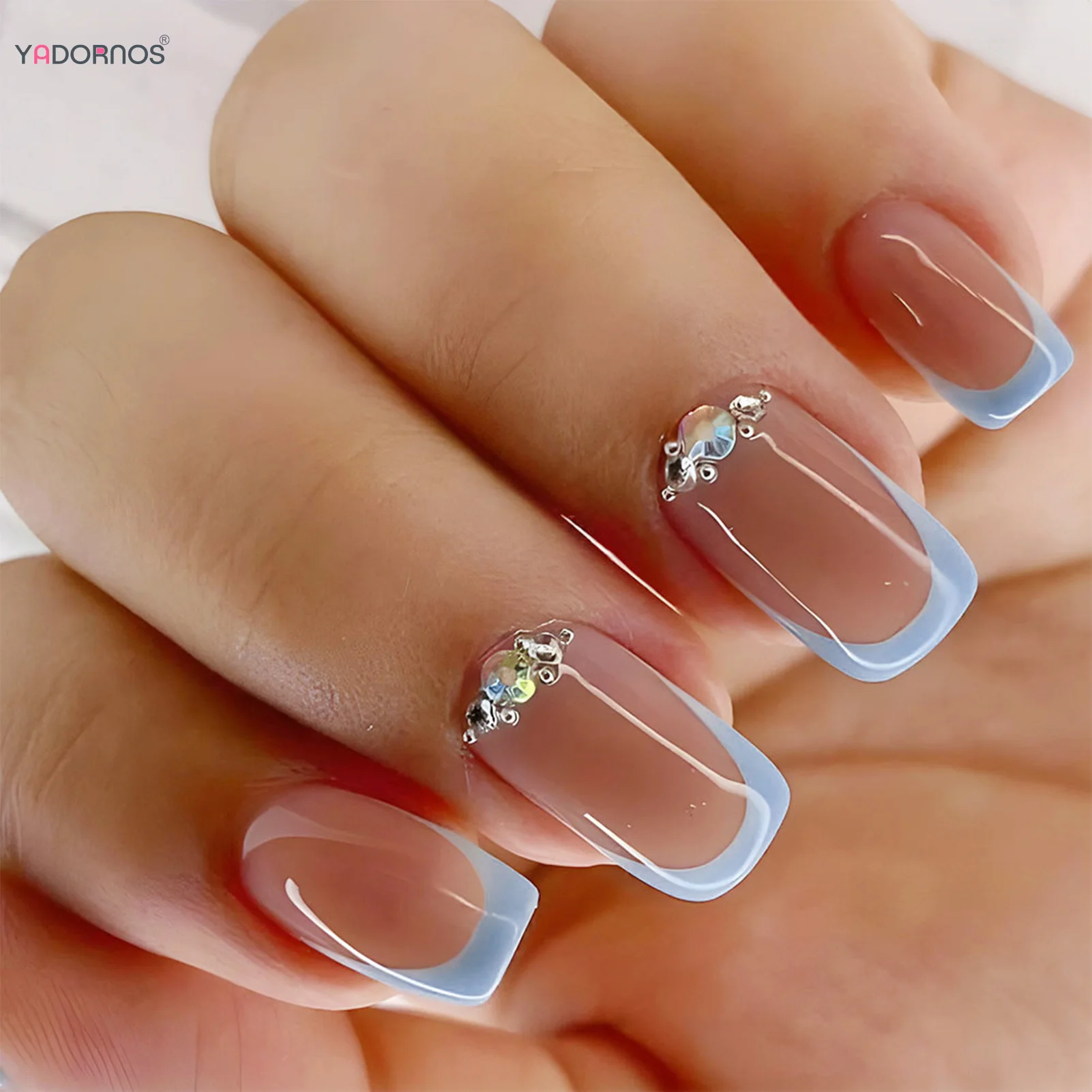 

Blue French Tips Press on Nails Diamond Designs for Women Girls Simple Nude Color Fake Nails Medium Length False Nails 24Pcs