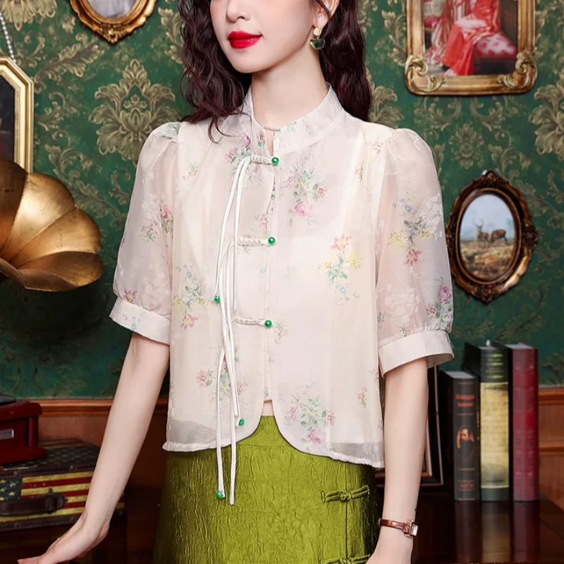 New Chinese Floral Shirts Women Summer 2024 National Sle Buckle Retro Loose Slimming Temperament Short Top