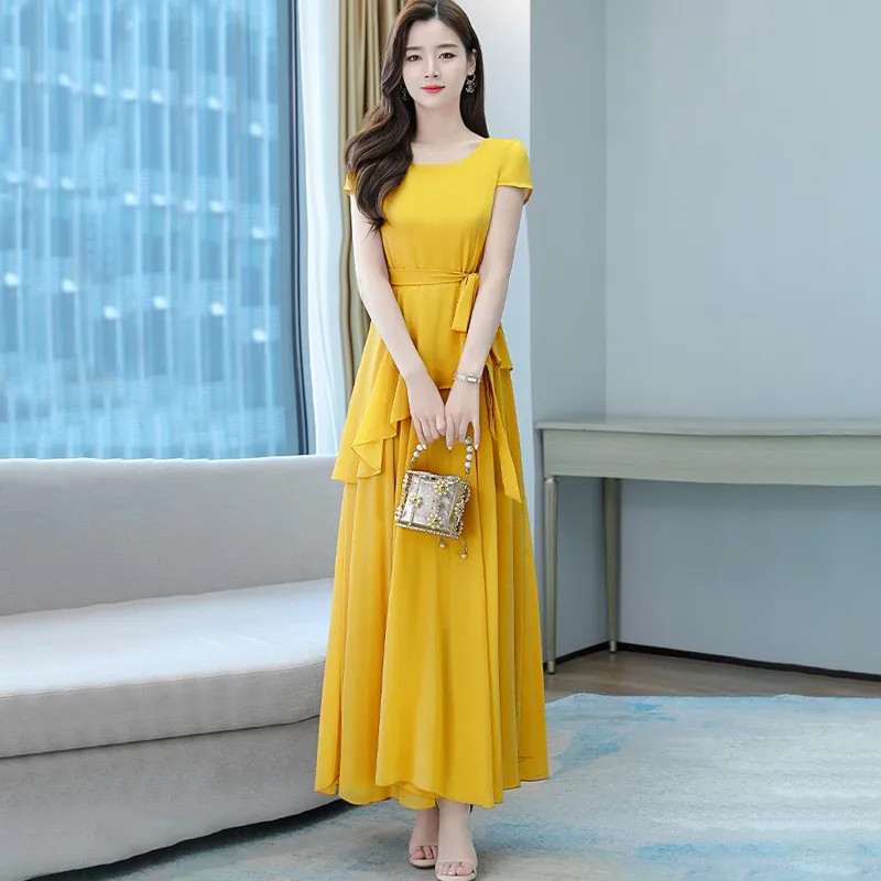 

2022 Summer Women Chiffon Fashion O-neck Collar Chiffon Dress Female Elegant Short Sleeve With Sashes Long Party Beach Dresses