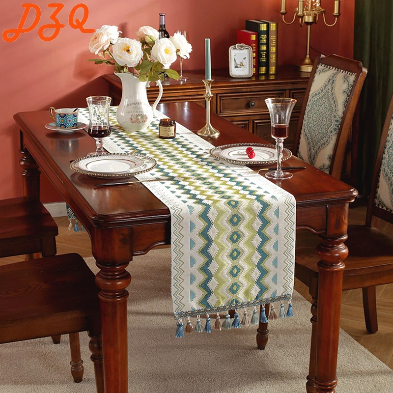 

High-Quality Tassels Multicolour Wave Tablecloth TV Cabinet /Home Decoration Chinese Classical Embroidery Geometric Table Runner