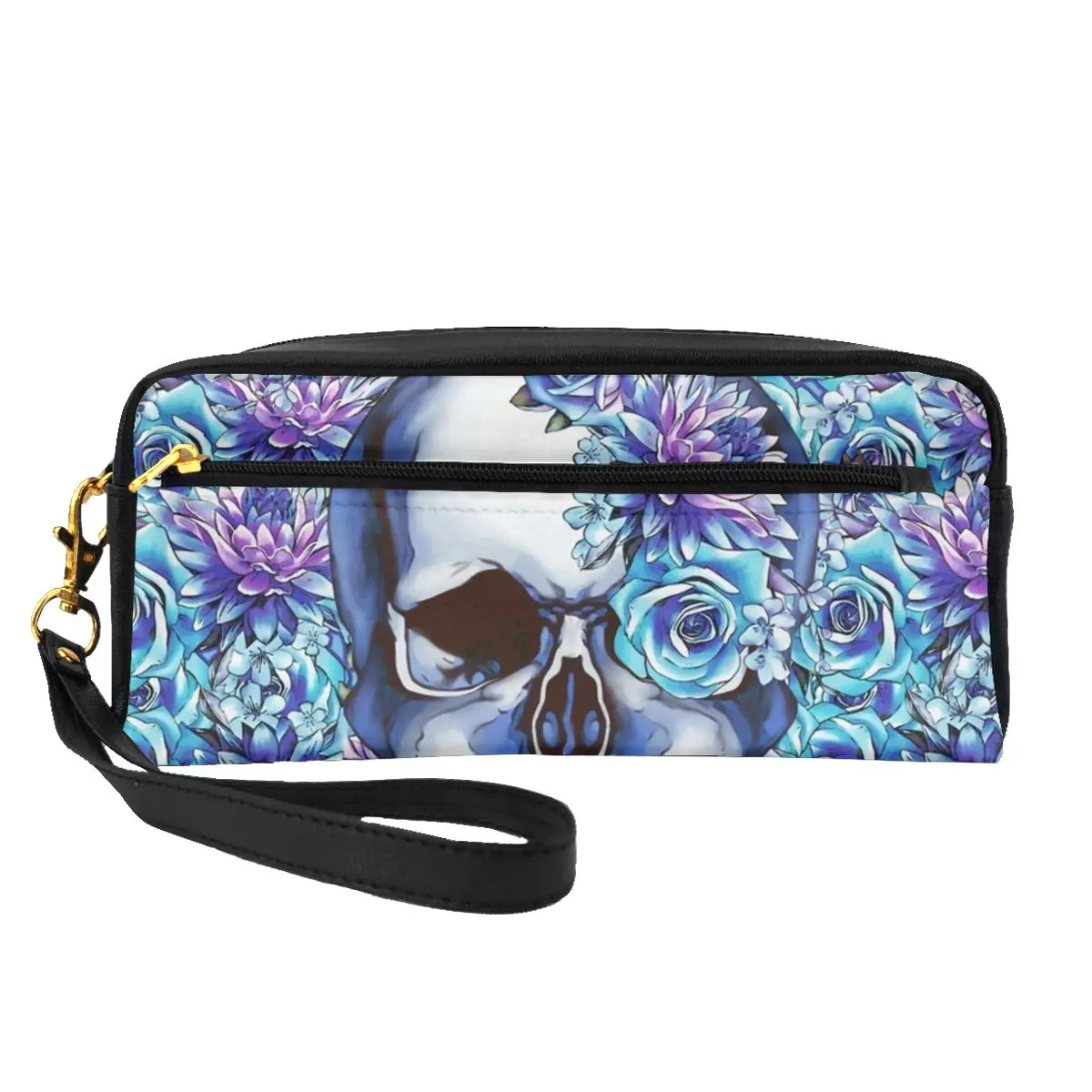 

Кожаные Органайзеры для хранения с принтом скелета, сахарный череп, синий цветочный пакет, косметичка для туалета, женские косметички