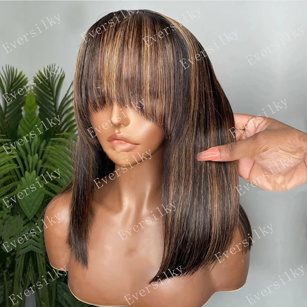 

Glueless Highlight Blonde Brown Silky Straight Fringe Human Hair Wigs With Bangs 13x6 Deep Part HD Lace Front Wigs Remy Hair