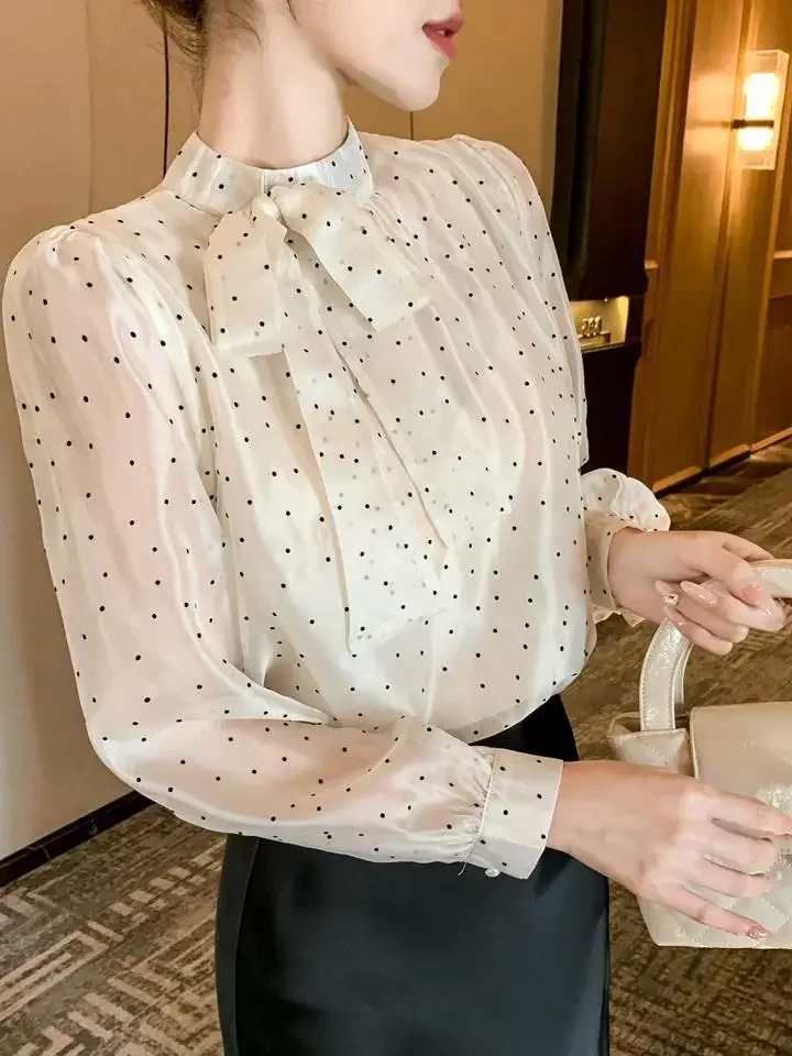 Новинка Осень 2024 Милая рубашка в горошек корейском и французском стиле женский
