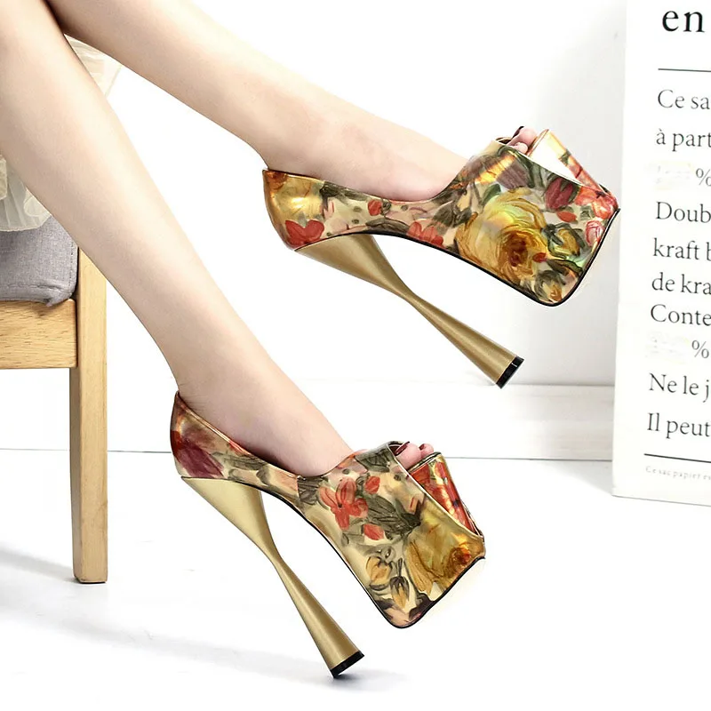 

2022 Fashion Printing 19CM Super High Heels Women's Banquet Sexy Shallow Mouth Single Shoes Large Size Women's Shoes 34-50 Size
