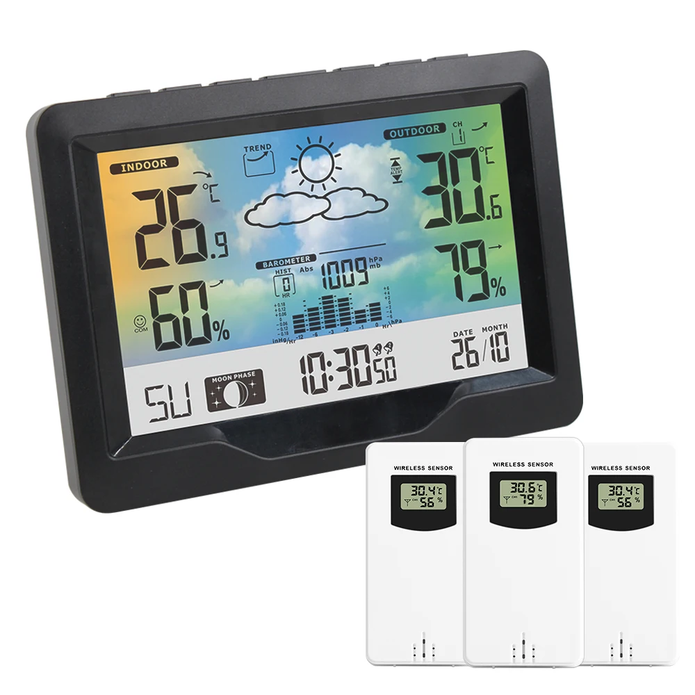 

FanJu Weather Station Barometer Wireless Indoor Outdoor Thermometer Humidity Alarm Clock 3 Sensors Digital Watch Table Tool