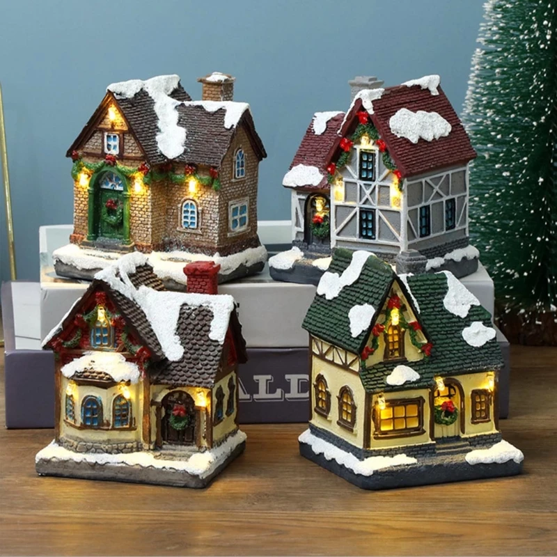 

Resin Christmas Scene Village Houses Town LED Lighted Battery Operate Christmas Ornamnet Home Room Party High Quality
