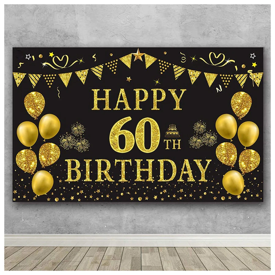 

60th Birthday Party Backdrop Gold and Black pennant Balloon Star Fireworks Party Banner for Women Men Photography Background