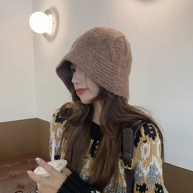 

Twist Knitted Fisherman Hat Women's Autumn and Winter Woolen Cap Warm Round Face Makes Face Look Smaller