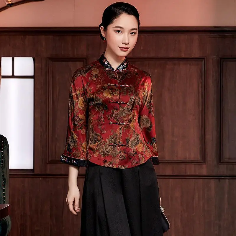 

2023 chinese style traditional stand collar cheongsam retro blouse tangsuits qipao clothing women oriental floral retro top a799