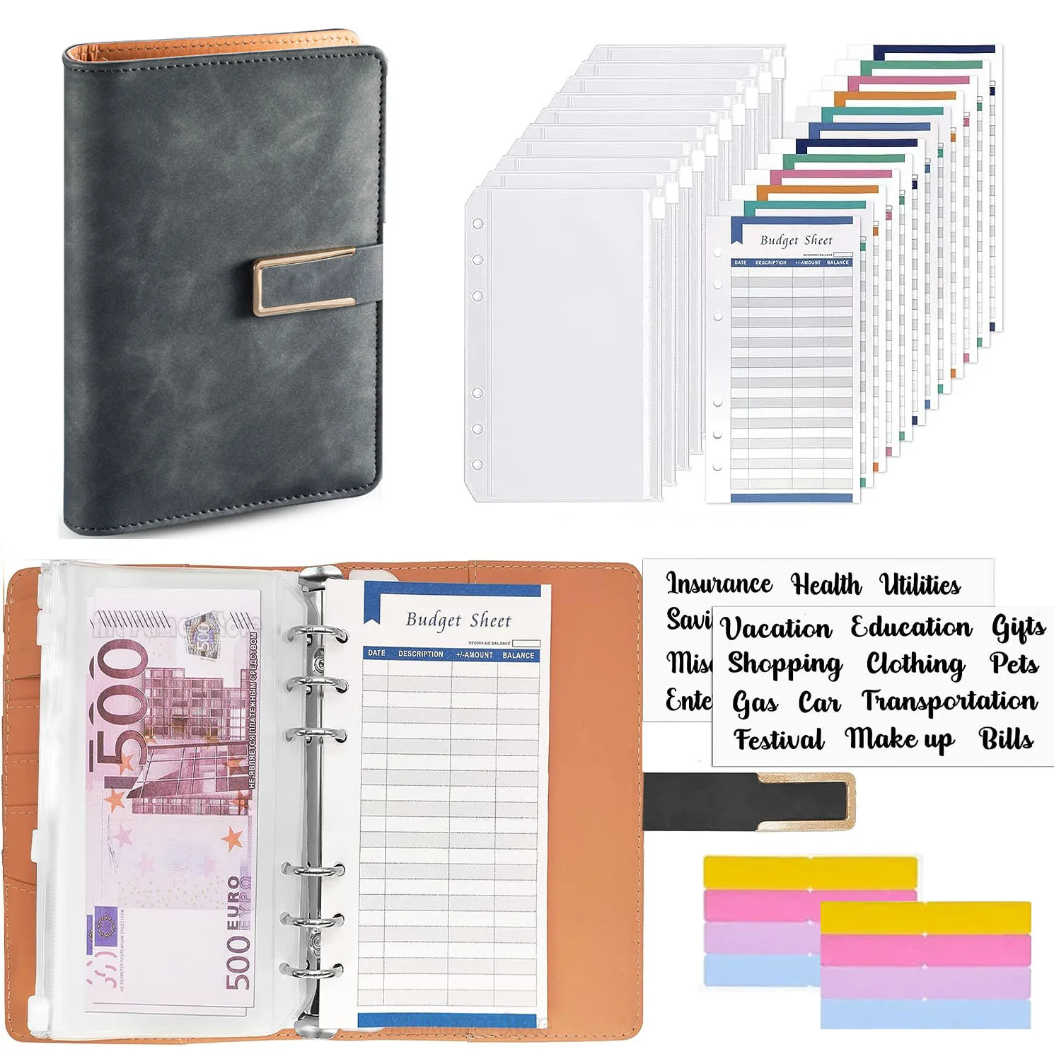 

2023 Budget Binder Zipper Envelopes Organizer Cash Envelopes for Budgeting Saving Money A6 Planner 6 Pockets Accessories