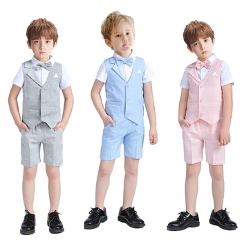 Summer 3-Piece Vest + Pants + Bow-tie Little Boy's Solid Vest Set Tuxedo For 2-14 Years Handmade High Quality  Kid Plaid Tuxedo 1