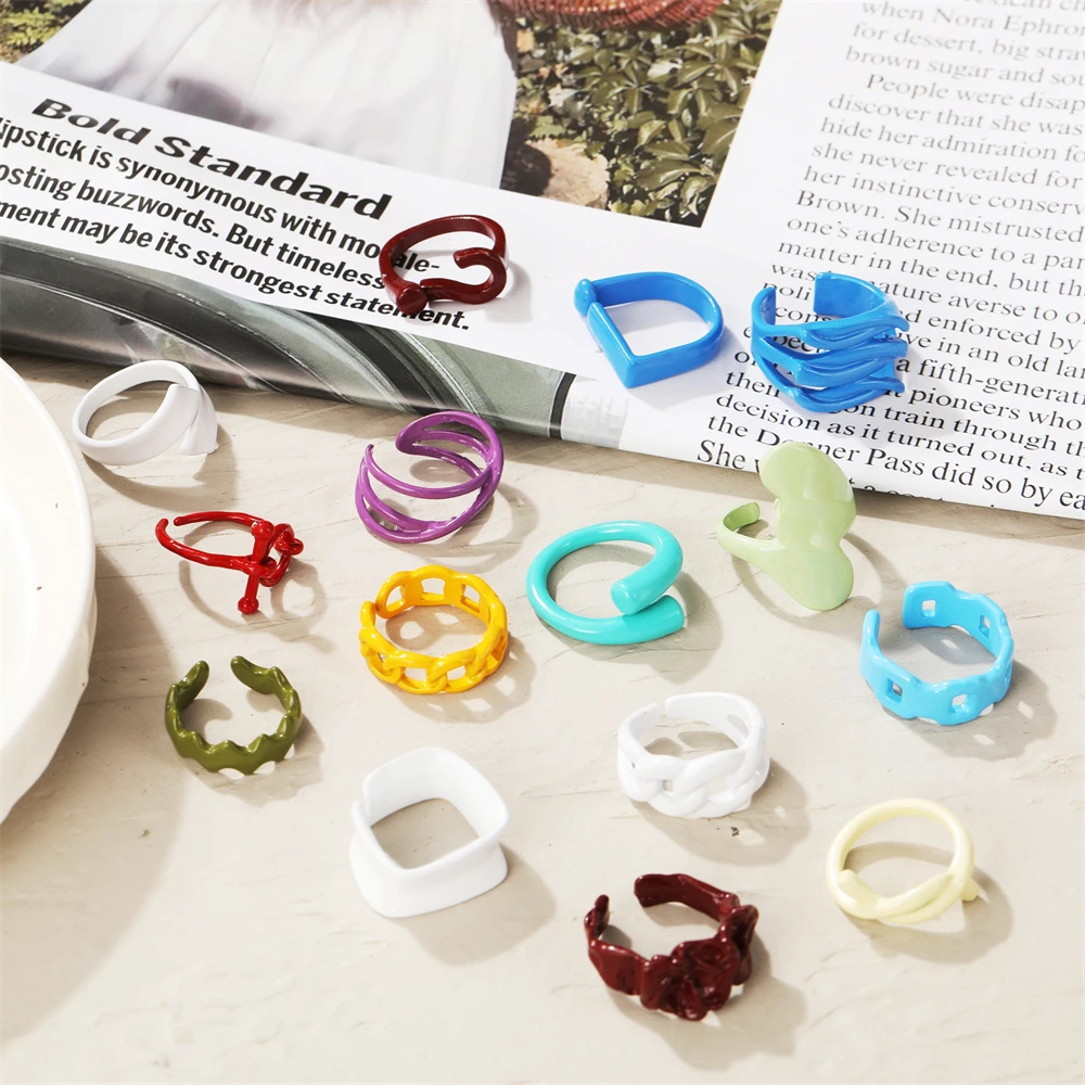 

Korea Hand Painted Candy Colors Dripping Oil Geometric Chain Rings for Women Fashion Metal Irregular Open Rings Summer Jewelry