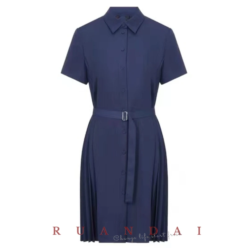 

Solid Color Short-sleeved A-line Dress for RUANDAI 2022 Summer New POLO Collar Thin Waist Single-breasted Belt Dress Female