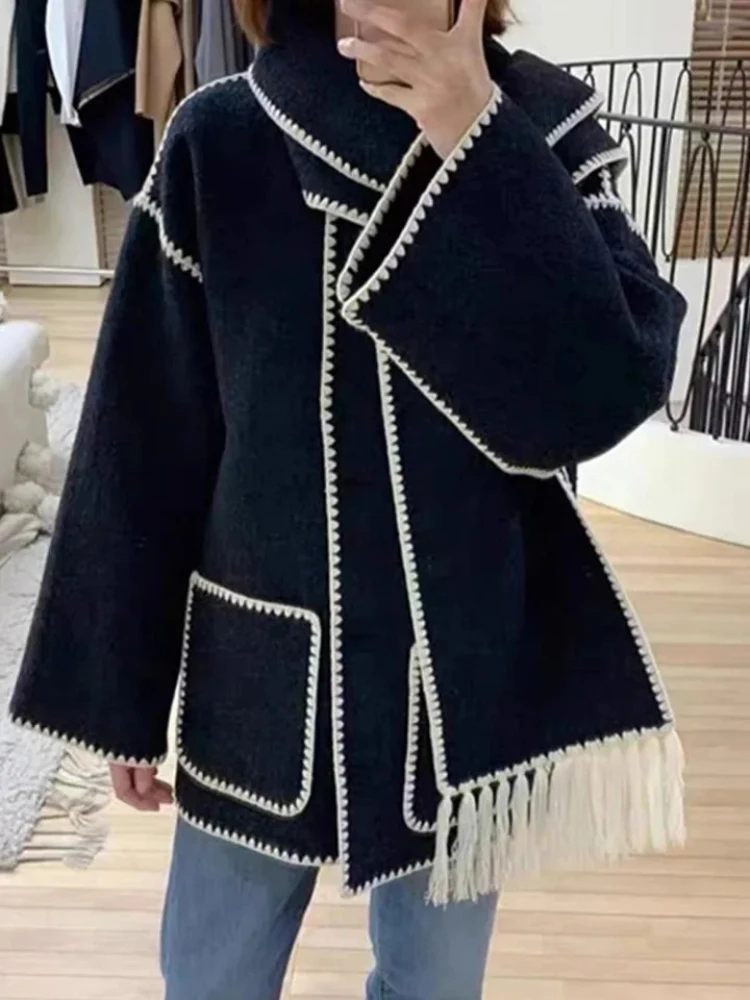 

Women's Coat with Scarf Fashion Long Sleeve Loose Wool & Blends Coats EmbroideryTASSEL Thickened Warm Jackets Woman Winter 2023
