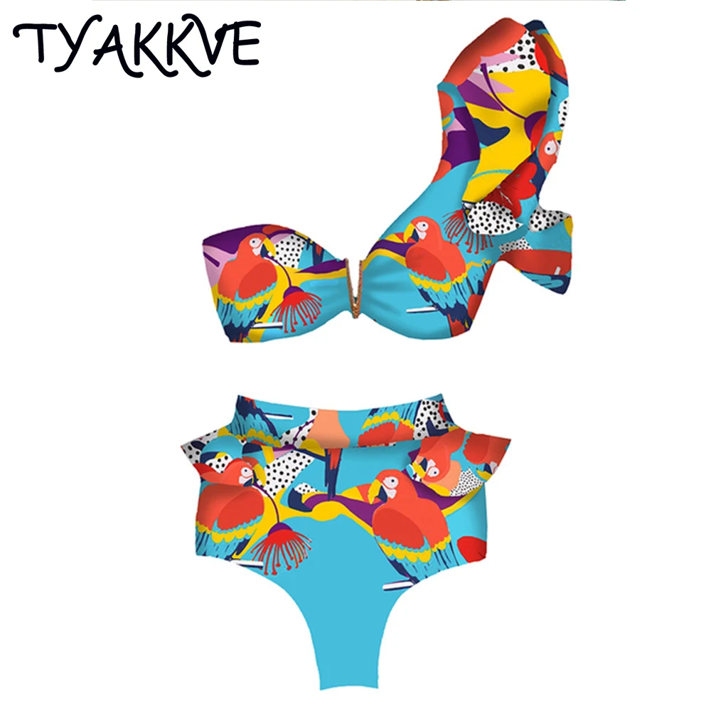 

TYAKKVE, новинка 2023 года, сексуальное бикини, женский купальник, купальник на одно плечо, комплект бикини с оборками, пляжная одежда с принтом в стиле ретро, летний купальный костюм