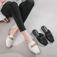 fashion slippers womens pu leather soft handmade womens shoes summer metal chain womens new arrival mules large size 35 43