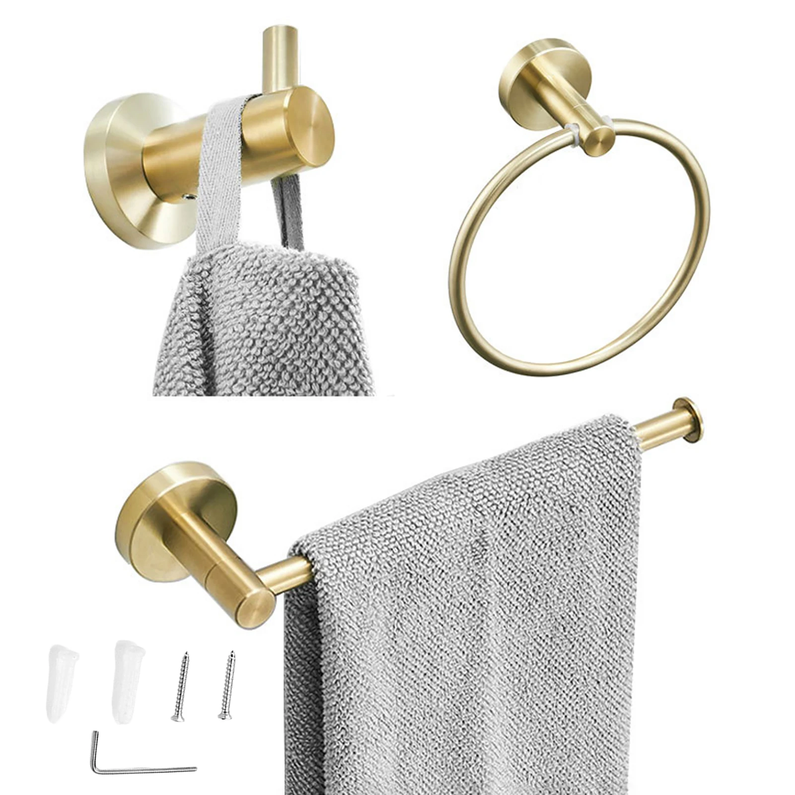 

3pcs Accessories Rustproof Hanging Ring Home Easy Install Brushed Bathroom Hardware Set Towel Hook Wall Mounted Stainless Steel