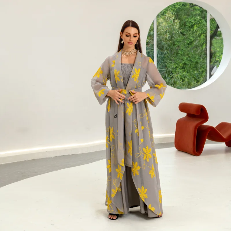 Abaya New 2022 Embroidery Chic And Elegant Woman Dress Mesh Cardigan Belted Kaftan And Solid Gray Camisole Dress Muslim Sets