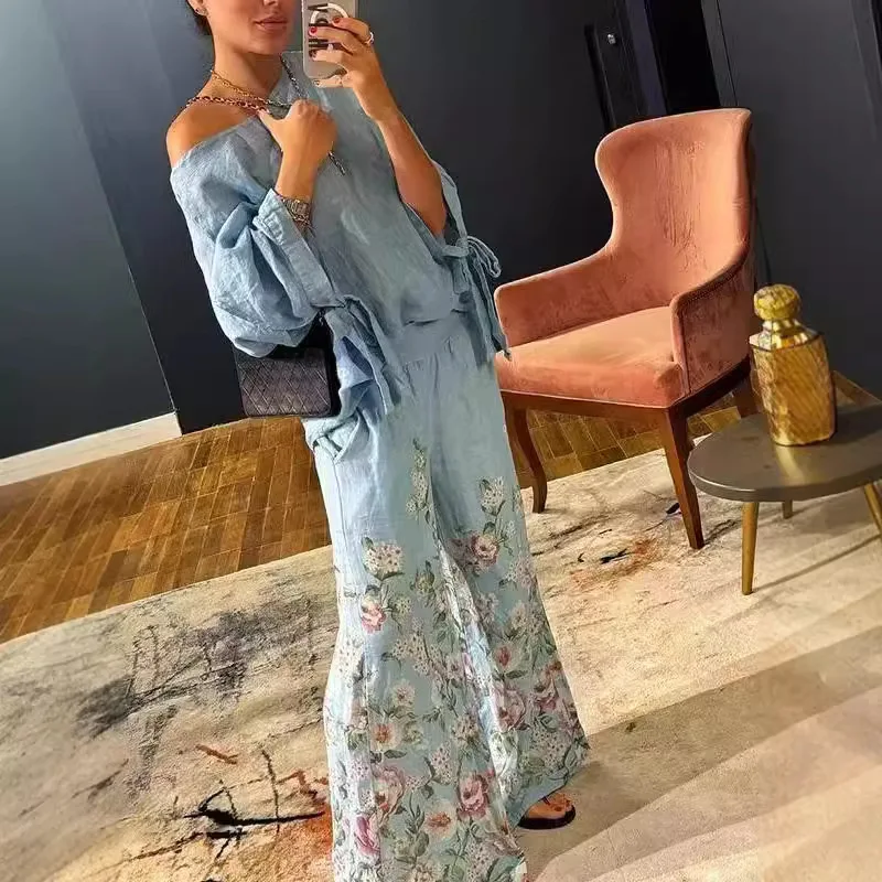 Осенний элегантный модный женский комплект с принтом из двух предметов