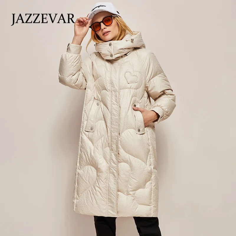 JAZZEVAR Winter 2022 New Wind-proof Hooded Down Jacket  White Duck-down Texture Loose Warm Korean Version Coat