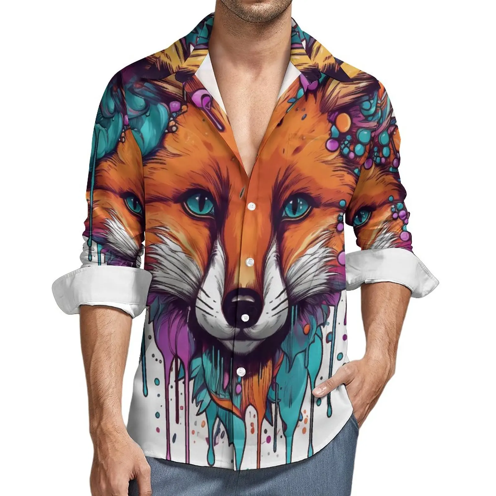 

Fox Shirt Psychadelic Grafitti Casual Shirts Long Sleeve Design Stylish Blouses Autumn Loose Oversized Tops