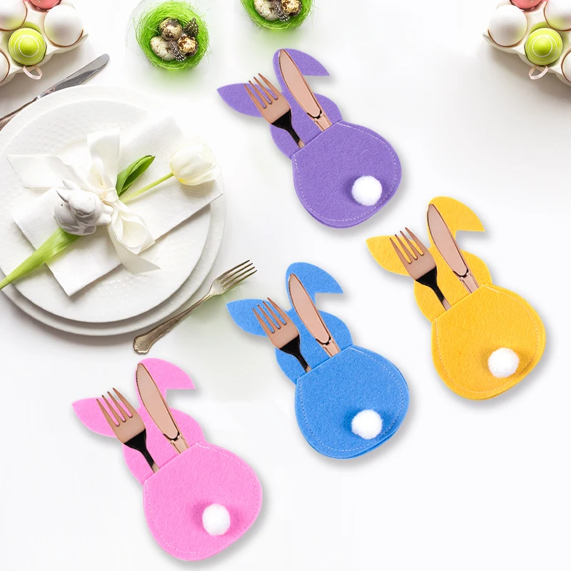 

4pcs/set Easter Bunny Felt Cutlery Holder bag happy Easter Decoration for home Tableware table Decor Rabbit Cutlery Storage Bags