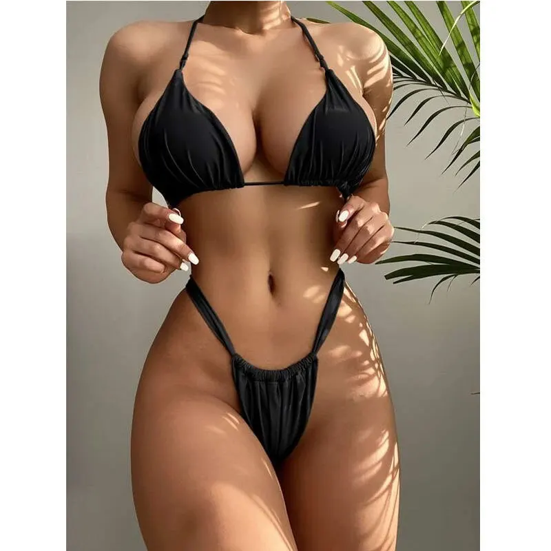 

2023 Women Halter String Bikini Set Sexy Thong Cheeky Two Piece Swimsuits Solid Color Bathing Swimwear