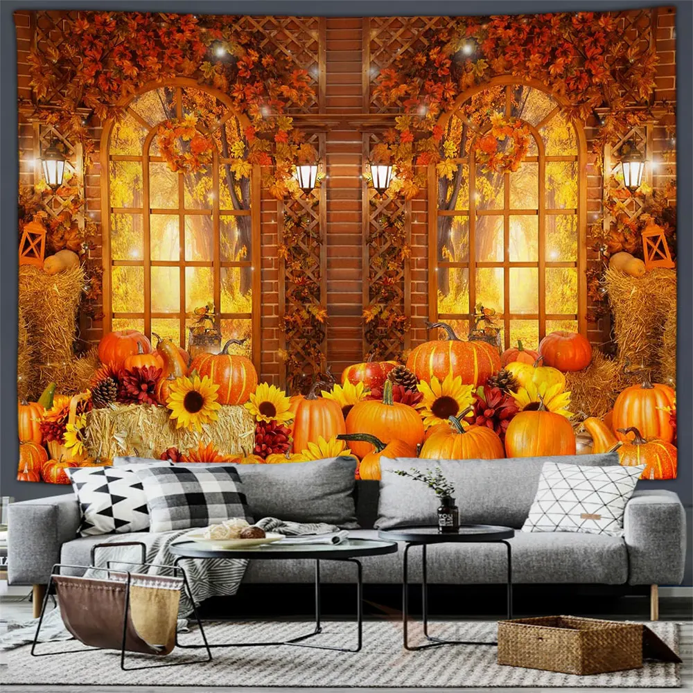 

Осенний гобелен, настенный подвесной гобелен в деревенском стиле, оранжевая тыква, Подсолнух в кленовом дереве, гобелен на День Благодарения, домашний праздничный Настенный декор