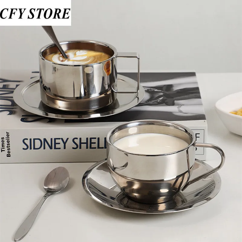 

180/200ml Stainless Steel Coffee Mug with Spoon and Saucer Family Office Simple Tea Coffee Cup Milk Juice Water Beverage Utensil