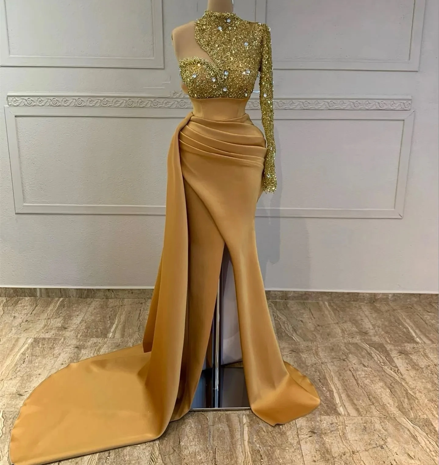 

Gold African American Prom Dresses Mermaid Long Sleeves Sequins Slit Black Girls Nigeria Robe De Soiree Evening Dresses Gown