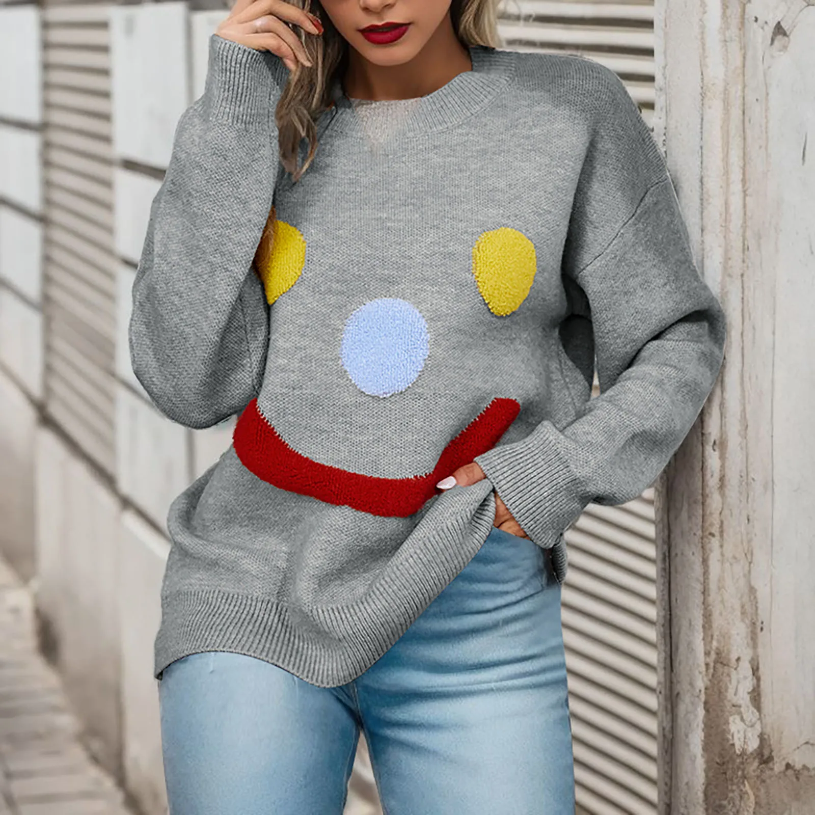 

Простой свитер унисекс с улыбающимся лицом, свободный свитер с круглым вырезом и длинными рукавами, женский милый Повседневный пуловер, свитер, уличная одежда