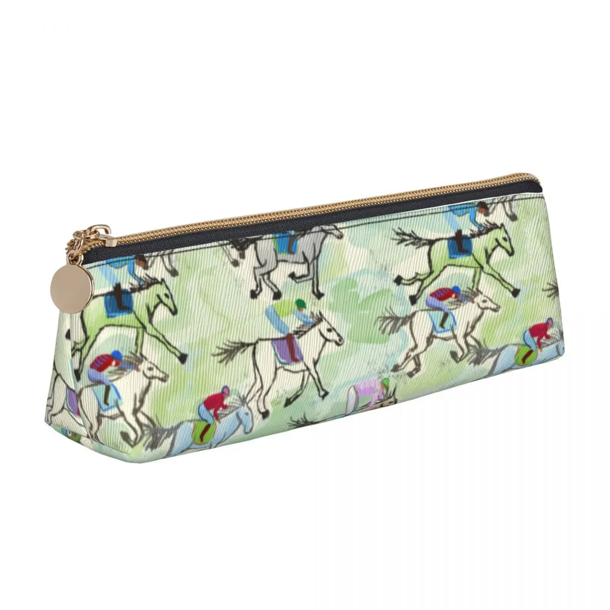

Running Horse Triangle Pencil Case Off to the Races Fashion Zipper Pencil Box For Teens University Leather Pen Pouch