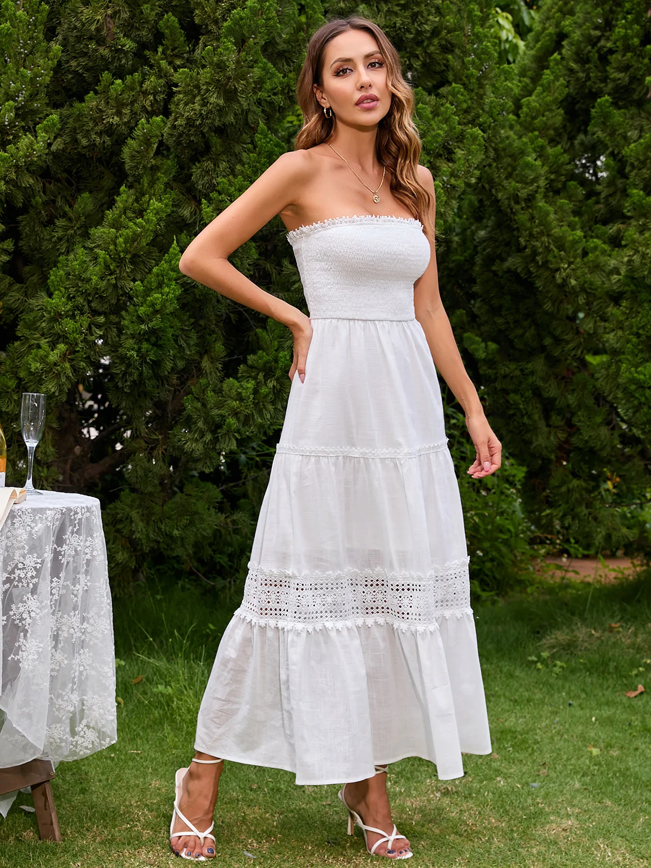 

WildPinky New Elegant Strapless Ruffle White Summer Dress Women Hollow Out Lace Cotton Maxi Dresses A-line Holiday Vestidos