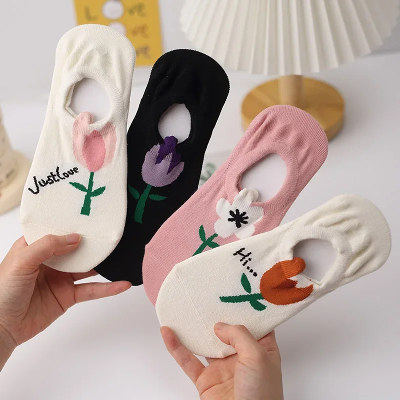 

Women Socks Summer Cartton Cute Kawaii Flower Slippers Low-cut Cotton Invisible Silicone Non-slip Soft Ankle Short Boat Socks