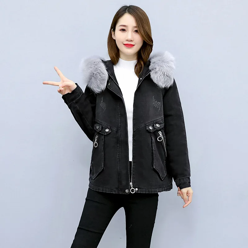 Женское зимнее джинсовое пальто с длинным рукавом и капюшоном новинка хлопковое