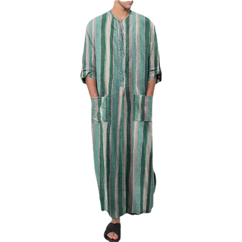 Muslim Southeast Asia's New Men's Loose Stand-up Collar Striped Long-sleeved Robe Ethnic Style Middle East Robe Arabic Abaya