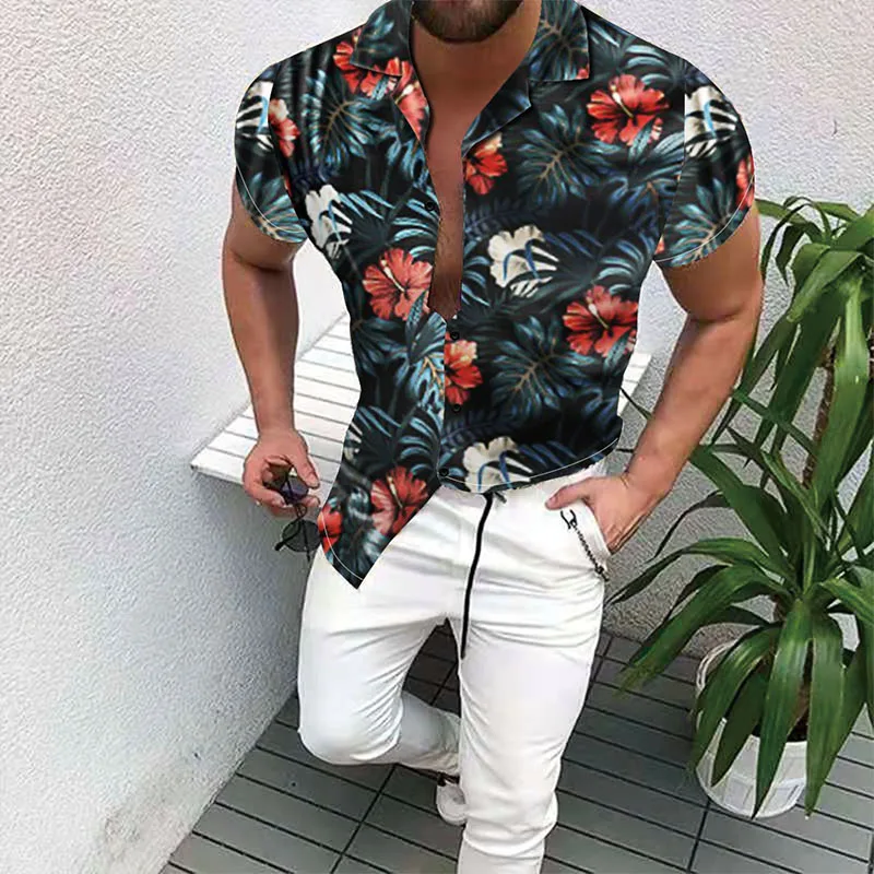 

FAKUNTN Fashion Print shirt turn-down collar Short Sleeve Breathable Hawaiian flower Casual Shirts Men's Summer clothing