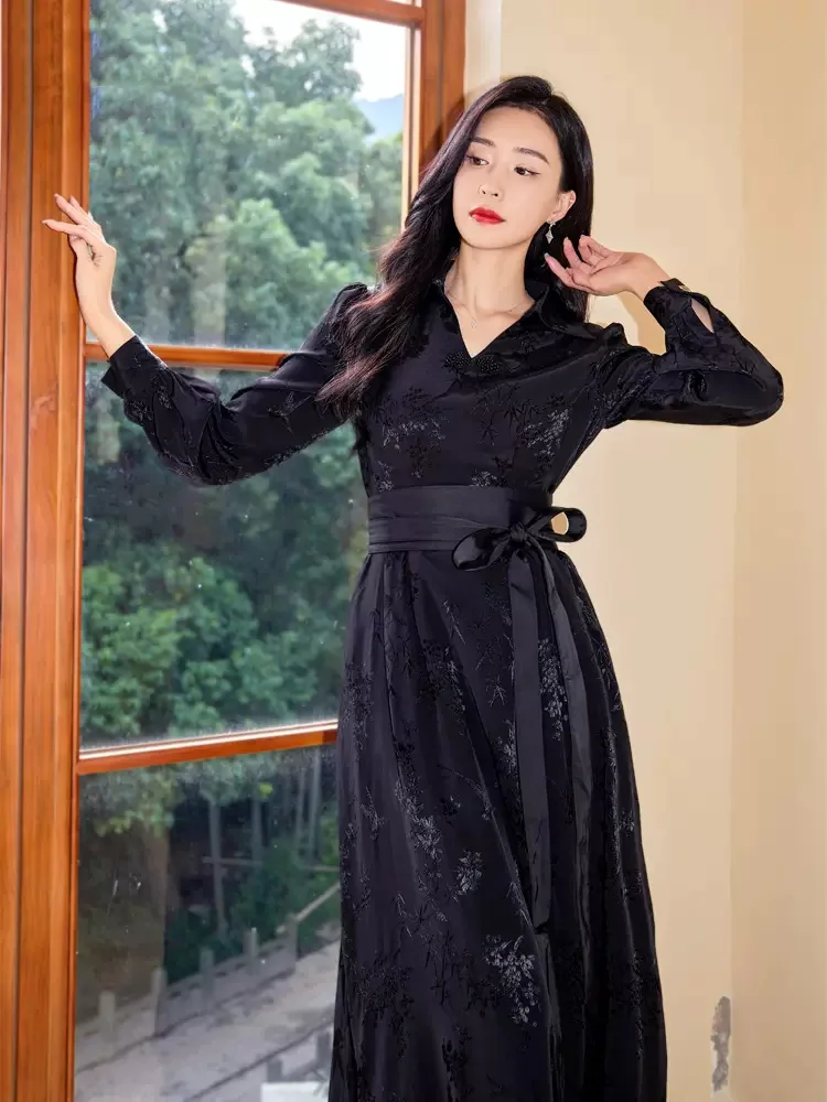 Новые женщины весна лето черное платье длиной до пола Мода изысканный V-образный