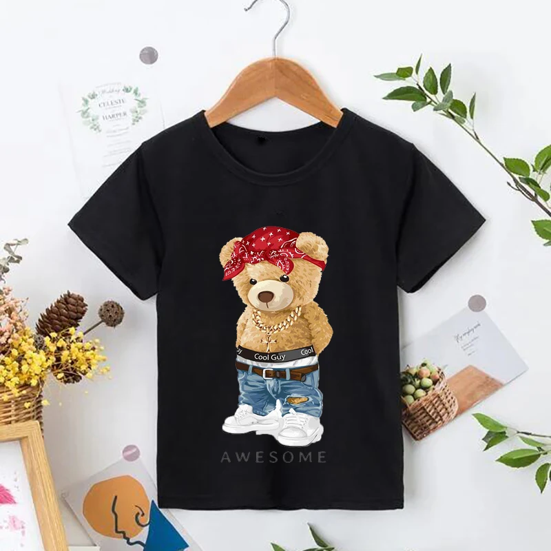 Funny Skateboard Bear Print Boys/Girls White T-shirt Kid Summer Harajuku Kawaii Funny Clothes Little Baby Y2K Clothes,Drop Ship images - 6