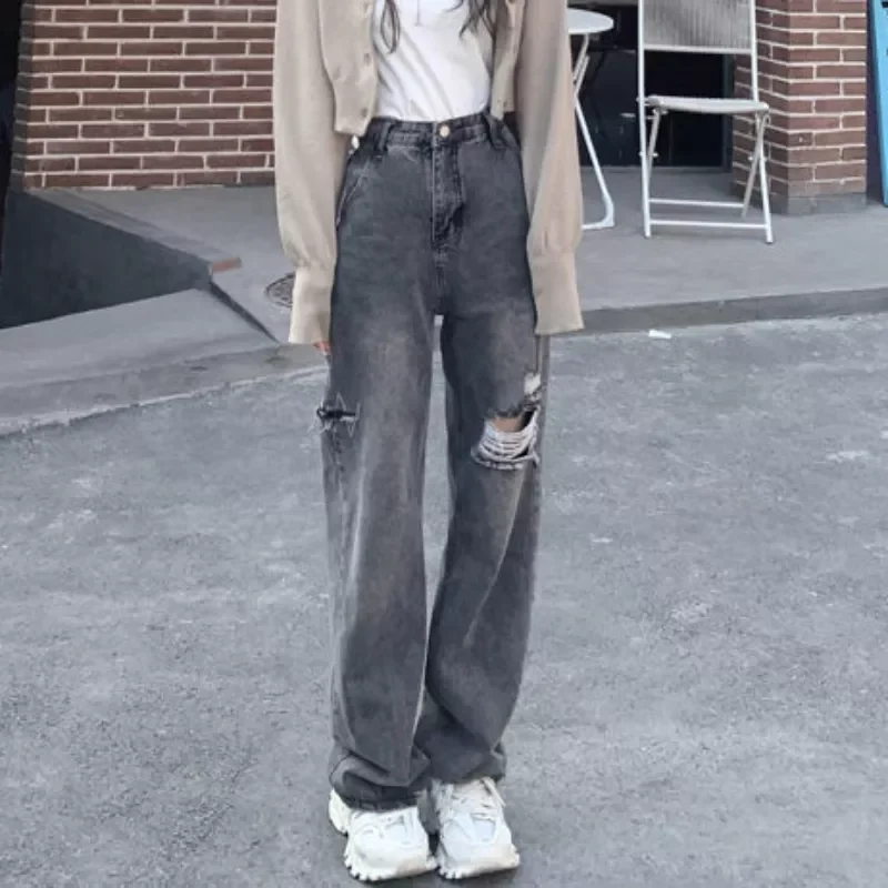 

2022New BF Women Jeans Fashion Ripped Autumn High Waist Streetwear Denim Pants Loose Grey Hole Female Distressed Jeans New 2022