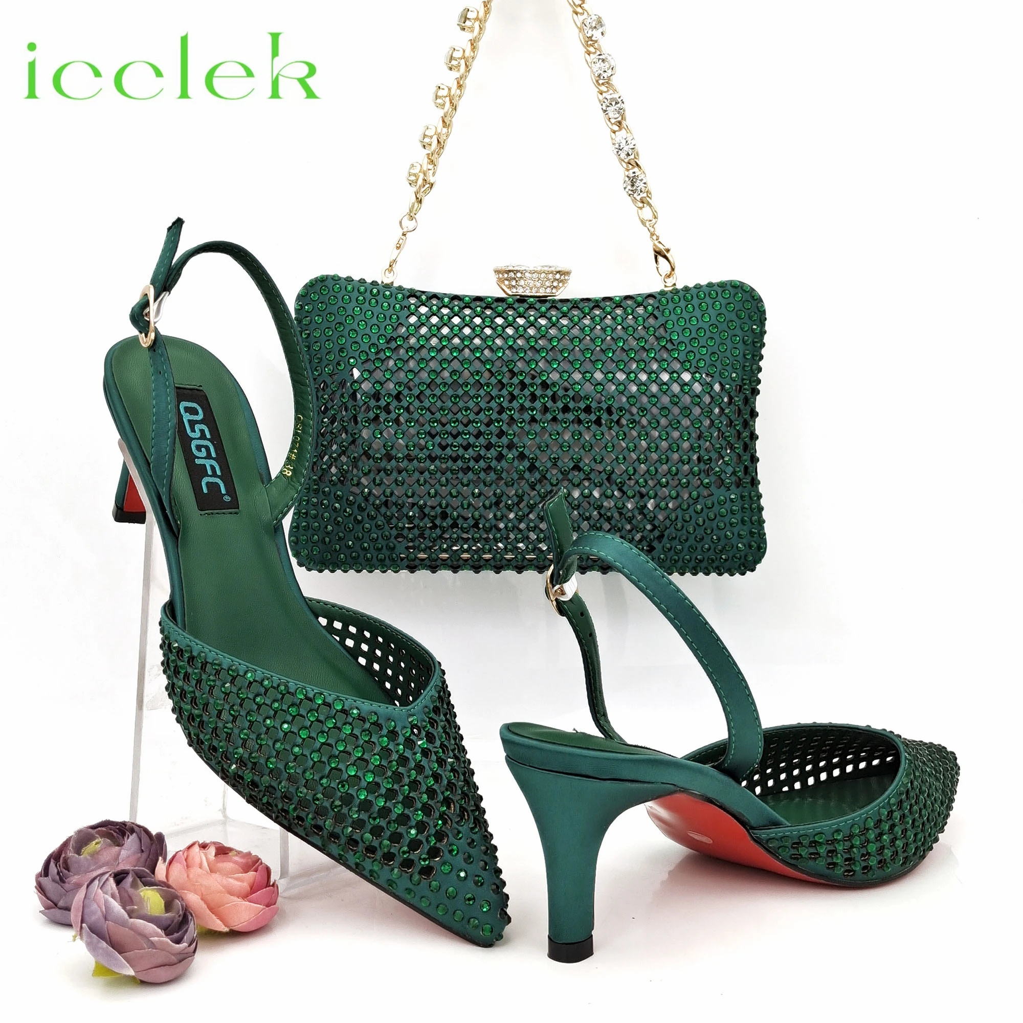 

Latest Dark Green Pointed Toe Buckle Strap Design Ladies Sandals Shoes and Bag Set For Women Wedding Party