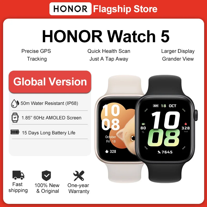 Фото Глобальная версия HONOR Watch 5 Smartwatch 1,85 дюйма AMOLED цветной экран 480 мАч батарея 15 дней срок службы батареи 5ATM + IP68 Bluetooth 5,2 №1